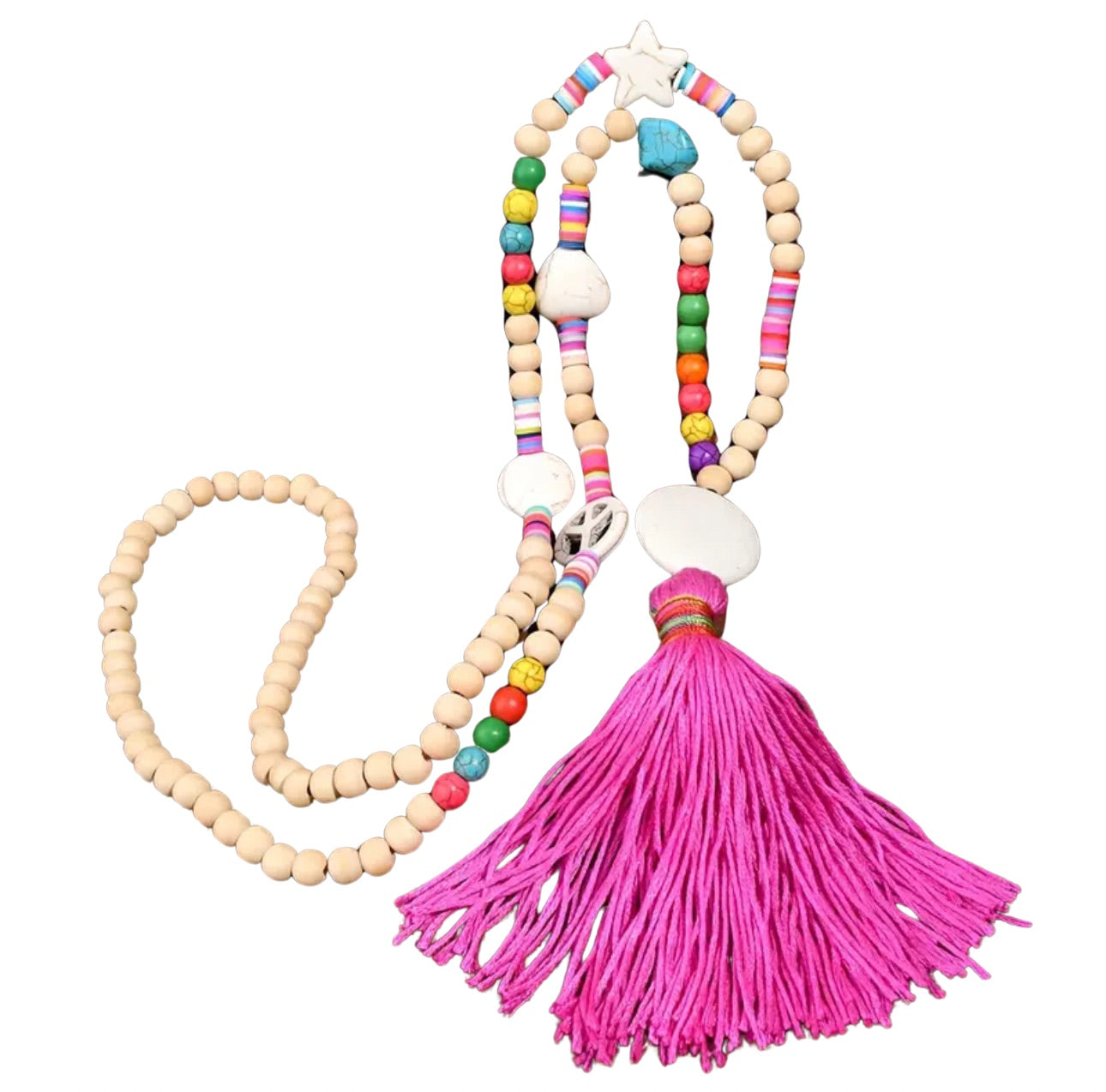 Boho-Quasten Halskette mit bunten Holzperlen